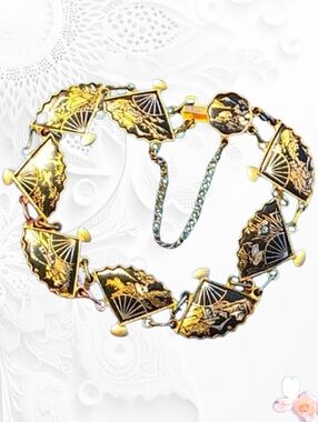 Elegant Vintage Japan Damascene Fan Panel Bracelet Black Gold Scenic 113